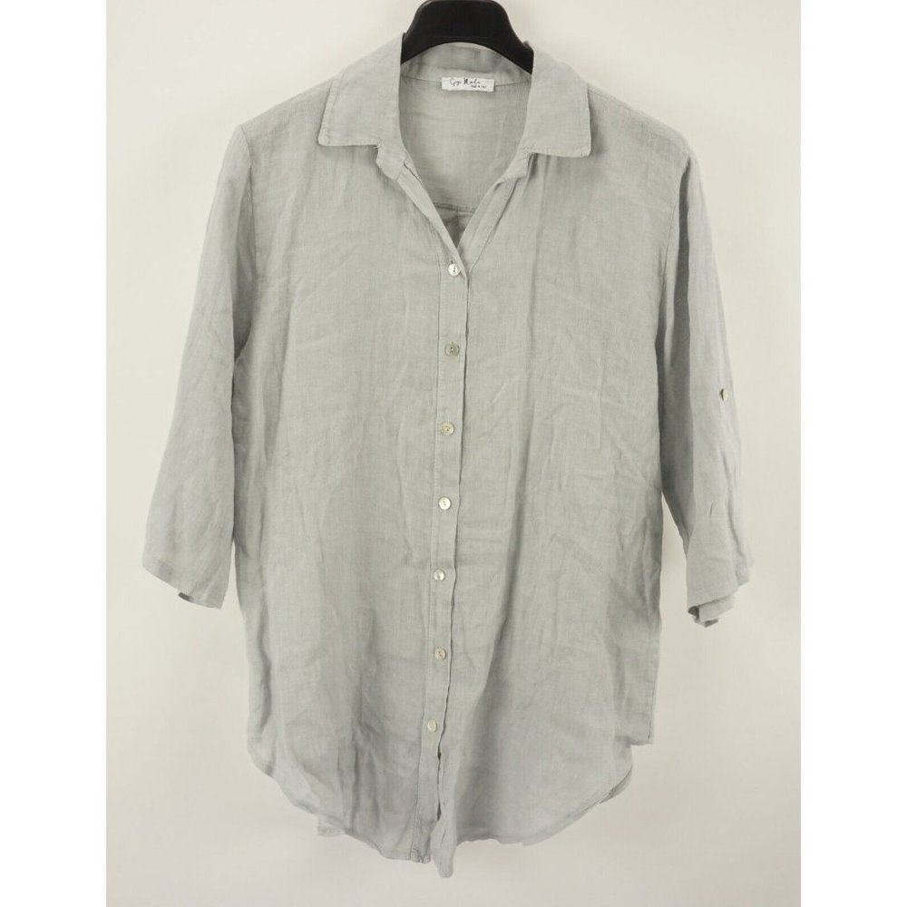 Gigi Moda Linen Women's Large Oversized 3/4 Roll Tab Sleeve Open Collar Blouse